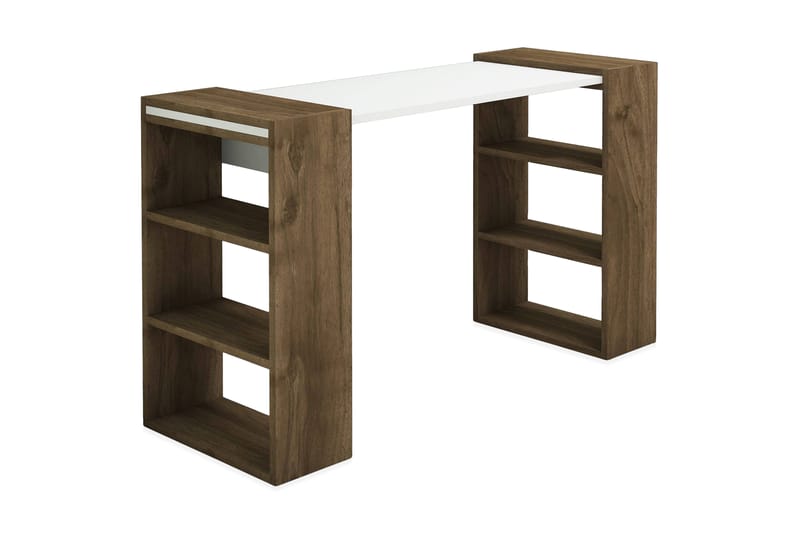 Puqa Design Skrivebord 124 cm med Oppbevaring Hyller - Valnøttsbrun/Hvit - Skrivebord