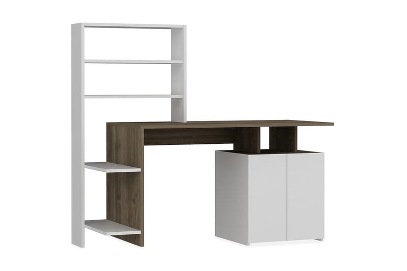 Raymer Skrivebord 146 cm med Oppbevaring Hyller + Skap - Valnøttsbrun/Hvit - Møbler - Bord - Kontorbord - Skrivebord