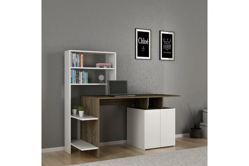 Raymer Skrivebord 146 cm med Oppbevaring Hyller + Skap - Valnøttsbrun/Hvit - Møbler - Bord - Kontorbord - Skrivebord