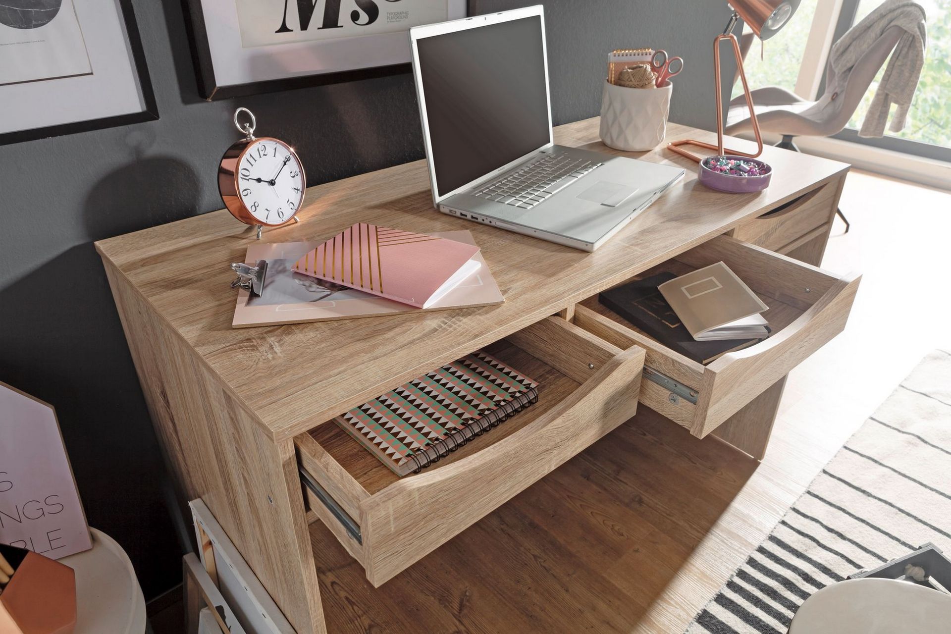Ryea Skrivebord 120 cm med Oppbevaring 3 Skuffer - Natur - Møbler - Bord - Kontorbord - Skrivebord