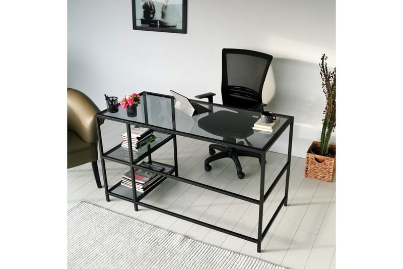 Sabani Skrivebord 130 cm med Oppbevaring 2 Hyller - Glass/Røykfarget/Svart - Skrivebord