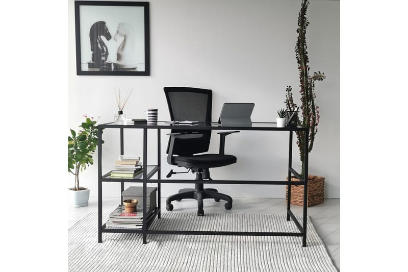 Sabani Skrivebord 130 cm med Oppbevaring 2 Hyller - Glass/Røykfarget/Svart - Møbler - Bord - Kontorbord - Skrivebord
