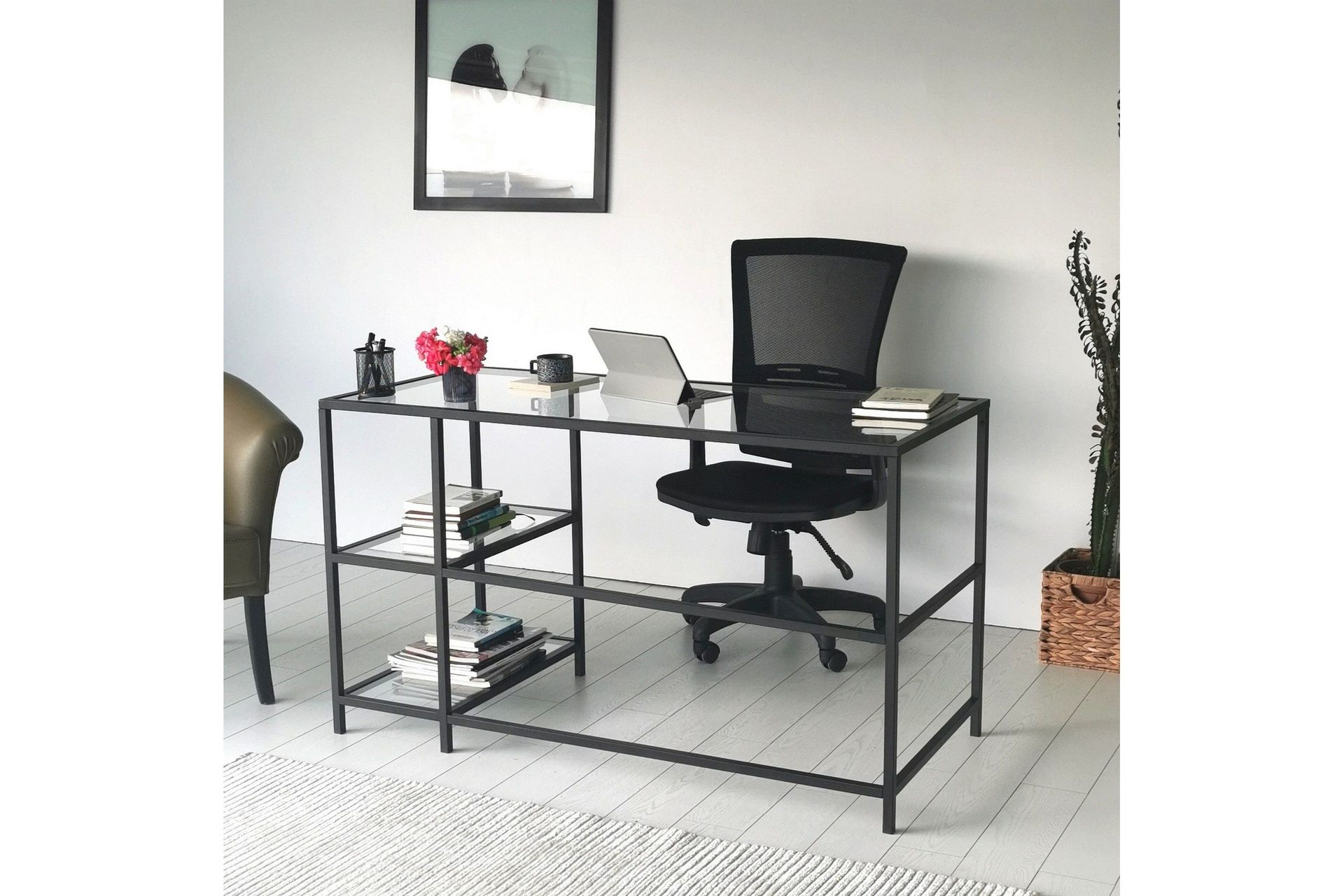 Sabani Skrivebord 130 cm med Oppbevaring 2 Hyller - Glass/Svart
