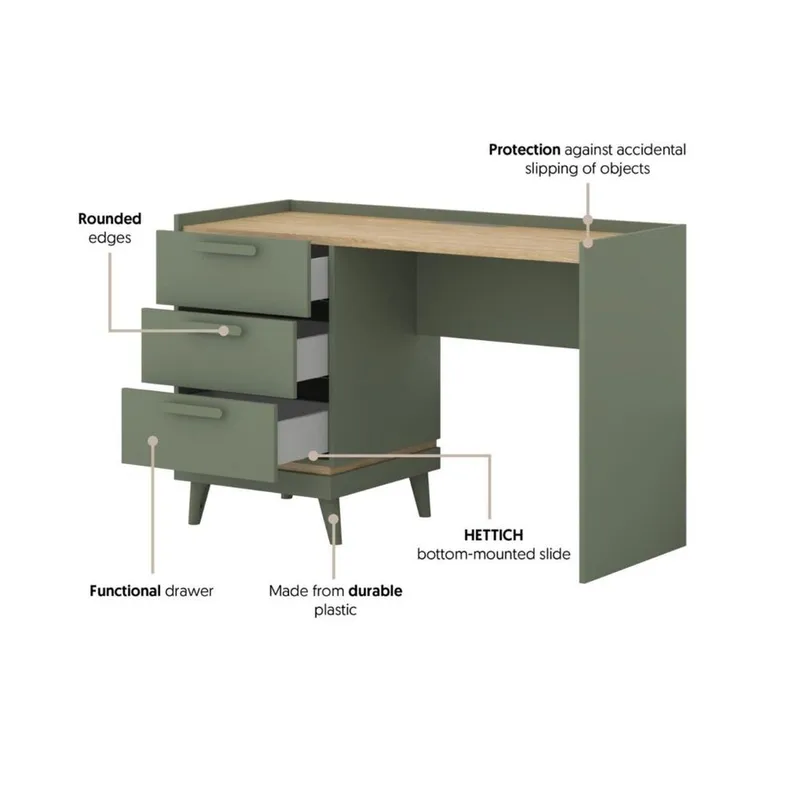Skrivebord Scandi med 3 skuffer - Falmet grønn - Oljet eik - Møbler - Bord - Kontorbord - Skrivebord
