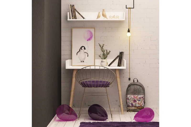 Skaberg Skrivebord 90 cm med Oppbevaring Vegghylle - Hvit/Natur - Møbler - Bord - Kontorbord - Skrivebord