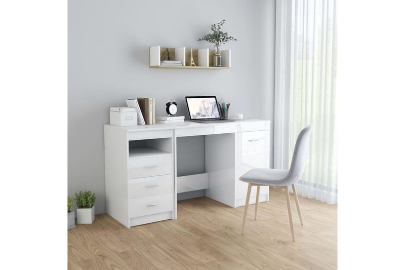 Skrivebord høyglans hvit 140x50x76 cm sponplate - Skrivebord
