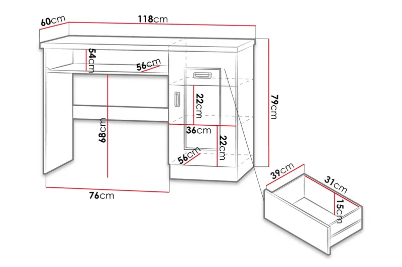 Tadeusz Skrivebord 118 cm med Oppbevaring Skuffer+Hylle+Skap - Mørkebrun - Møbler - Bord - Kontorbord - Skrivebord