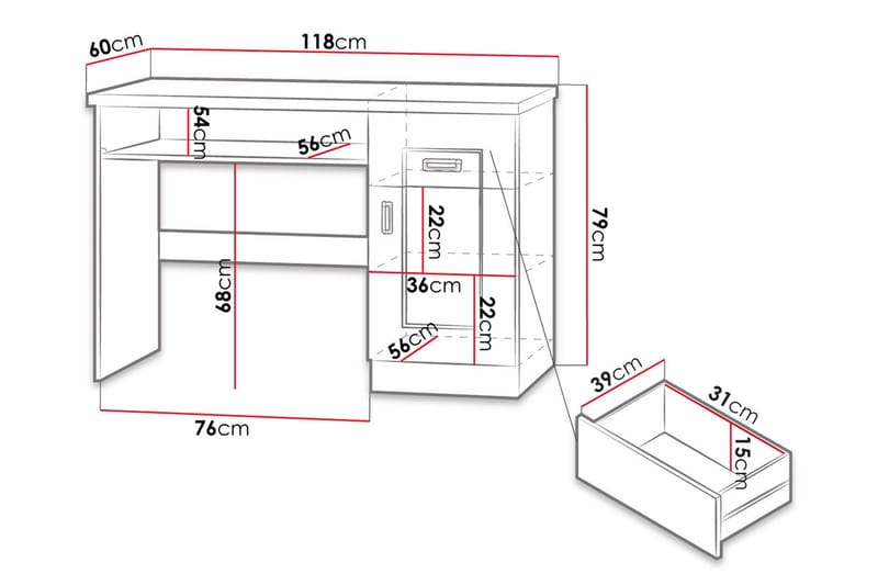 Tadeusz Skrivebord 118 cm med Oppbevaring Skuffer+Hylle+Skap - Mørkebrun - Møbler - Bord - Kontorbord - Skrivebord