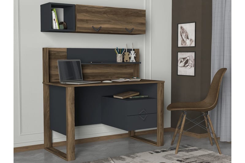 Tera Home Skrivebord 120 cm med Oppbevaring Skuffer + Hyller - Valnøttsbrun/Mørkegrå - Skrivebord