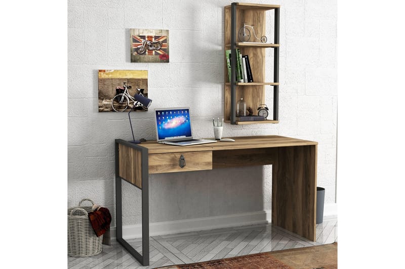 Tera Home Skrivebord 124 cm med Oppbevaring Skuff+Vegghylle - Valnøttsbrun - Skrivebord