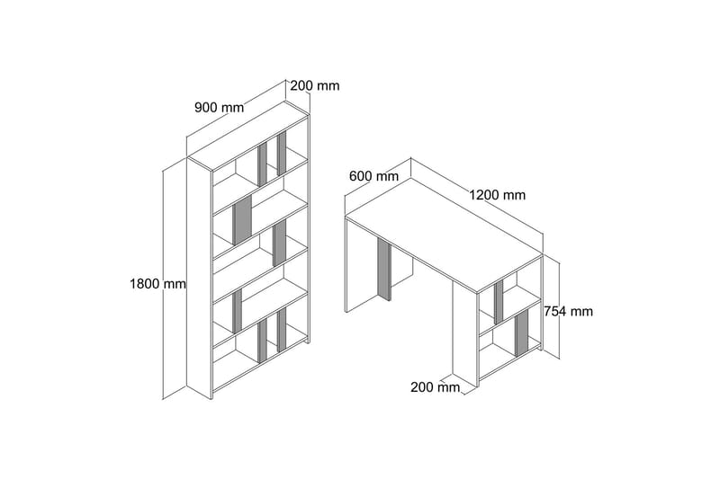 Timiza Skrivebord 120 cm med Oppbevaring Hylle + Bokhylle - Hvit/Antrasitt - Skrivebord