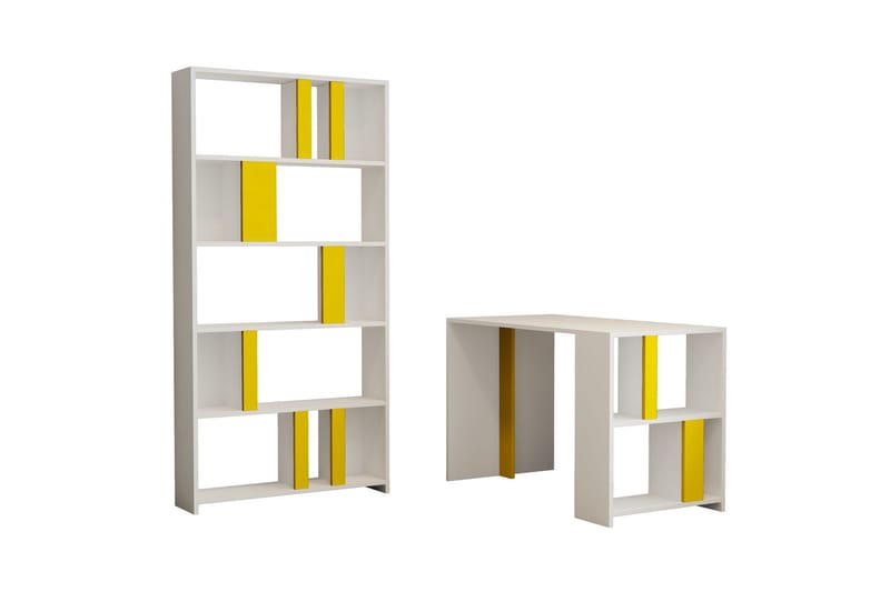 Timiza Skrivebord 120 cm med Oppbevaring Hylle + Bokhylle - Hvit/Gul - Møbler - Bord - Kontorbord - Skrivebord