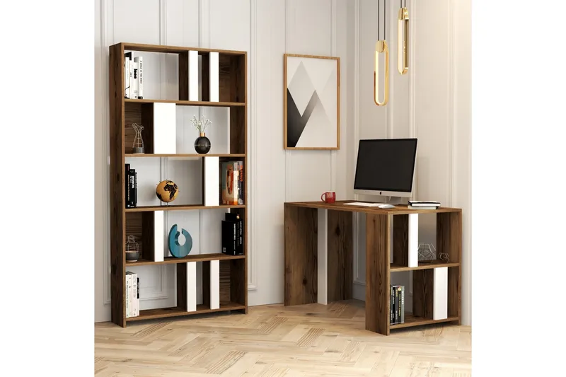 Timiza Skrivebord 120 cm med Oppbevaring Hylle + Bokhylle, Mørkebrun