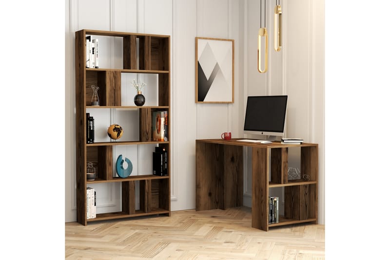 Timiza Skrivebord 120 cm med Oppbevaring Hylle + Bokhylle - Valnøttsbrun - Møbler - Bord - Kontorbord - Skrivebord