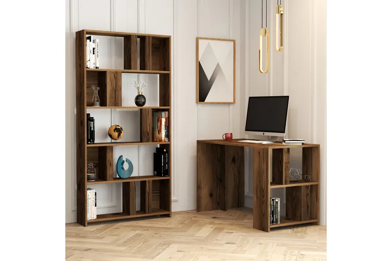 Timiza Skrivebord 120 cm med Oppbevaring Hylle + Bokhylle - Valnøttsbrun - Møbler - Bord - Kontorbord - Skrivebord