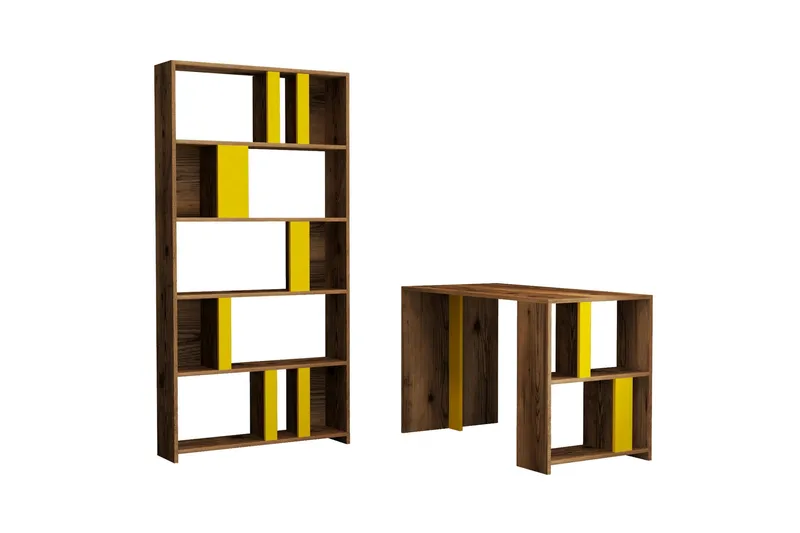 Timiza Skrivebord 120 cm med Oppbevaring Hylle + Bokhylle - Valnøttsbrun/Gul - Møbler - Bord - Kontorbord - Skrivebord