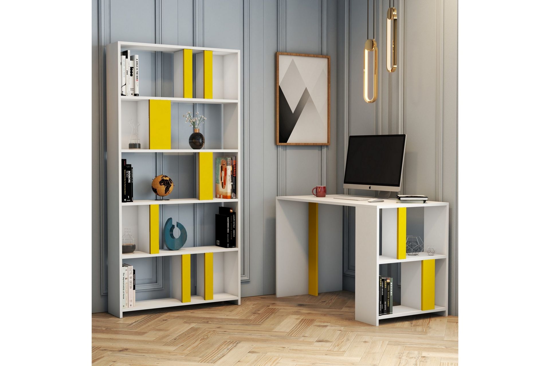 Timiza Skrivebord 120 cm med Oppbevaring Hylle + Bokhylle - Hvit/Gul