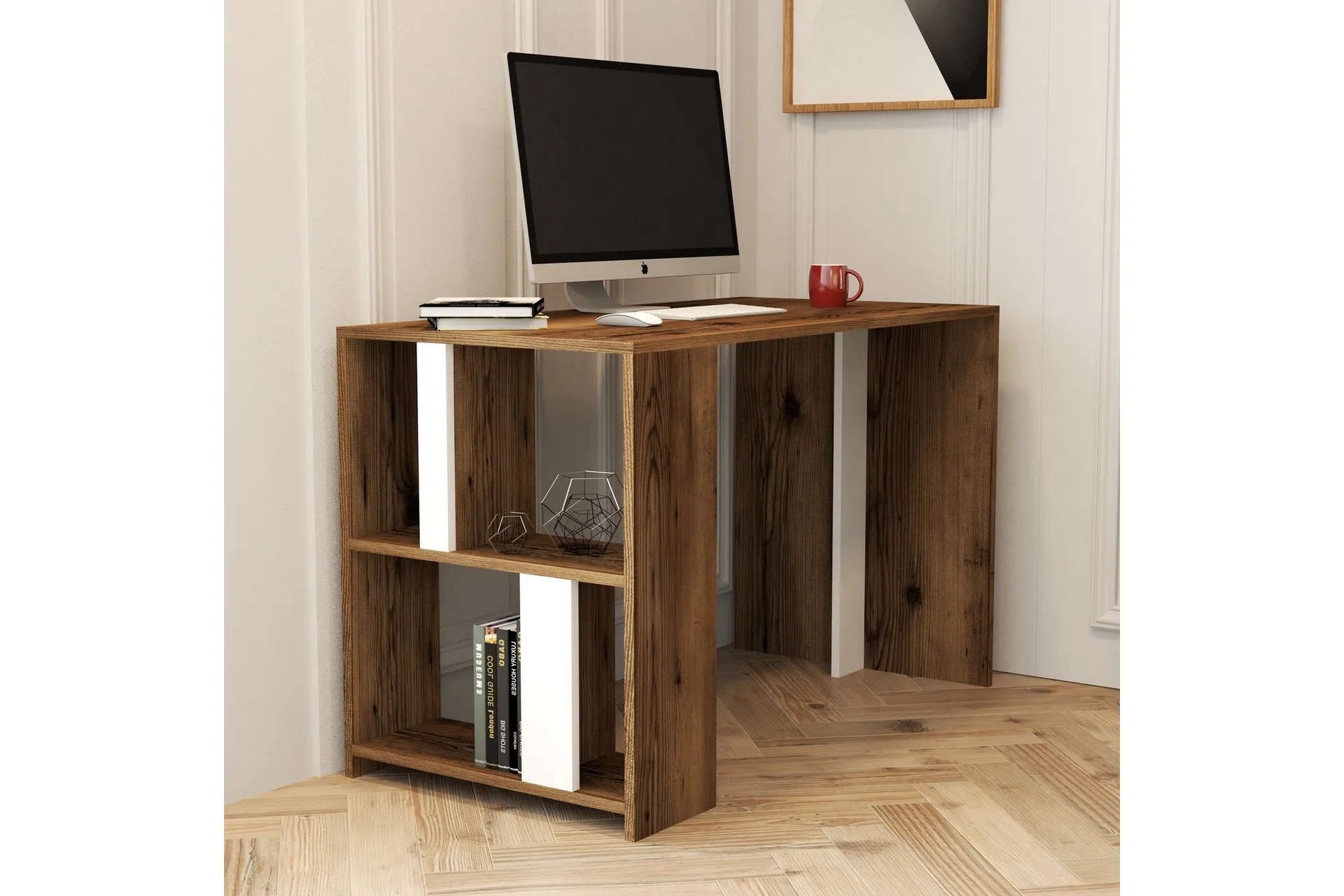 Timiza Skrivebord 120 cm med Oppbevaring Hylle - Brun/Hvit