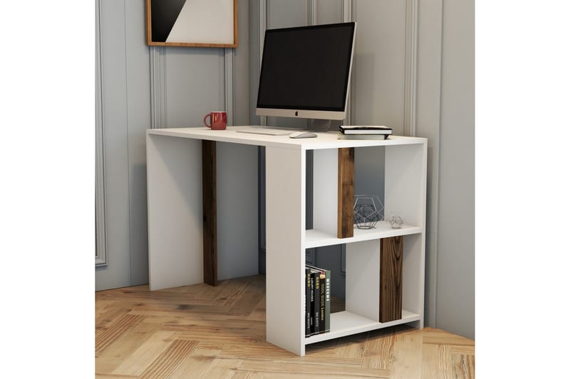 Timiza Skrivebord 120 cm med Oppbevaring Hylle - Hvit/Valnøttsbrun - Skrivebord
