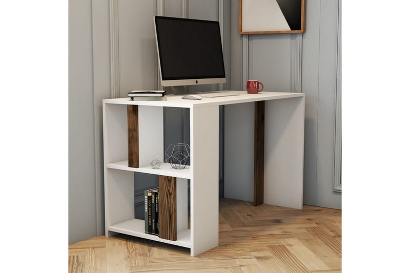 Timiza Skrivebord 120 cm med Oppbevaring Hylle - Hvit/Valnøttsbrun - Møbler - Bord - Kontorbord - Skrivebord