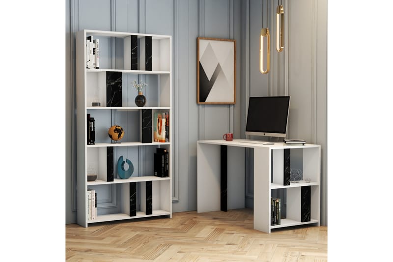 Timiza Skrivebord 120 cm med Oppbevaring Hylle Marmormønster - Hvit/Svart - Møbler - Bord - Kontorbord - Skrivebord