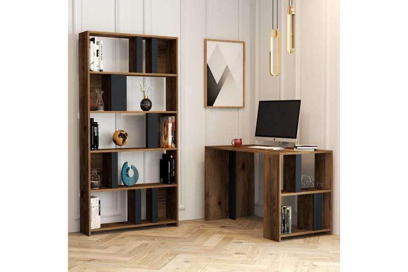 Timiza Skrivebord 120 cm med Oppbevaringshylle + Bokhylle - Valnøttsbrun/Antrasitt - Skrivebord