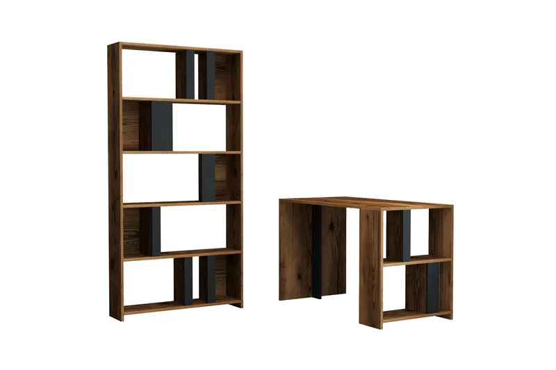 Timiza Skrivebord 120 cm med Oppbevaringshylle + Bokhylle - Valnøttsbrun/Antrasitt - Møbler - Bord - Kontorbord - Skrivebord