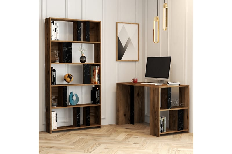 Timiza Skrivebord 120 cm med Oppbevaringshylle + Bokhylle - Valnøttsbrun/Svart - Skrivebord