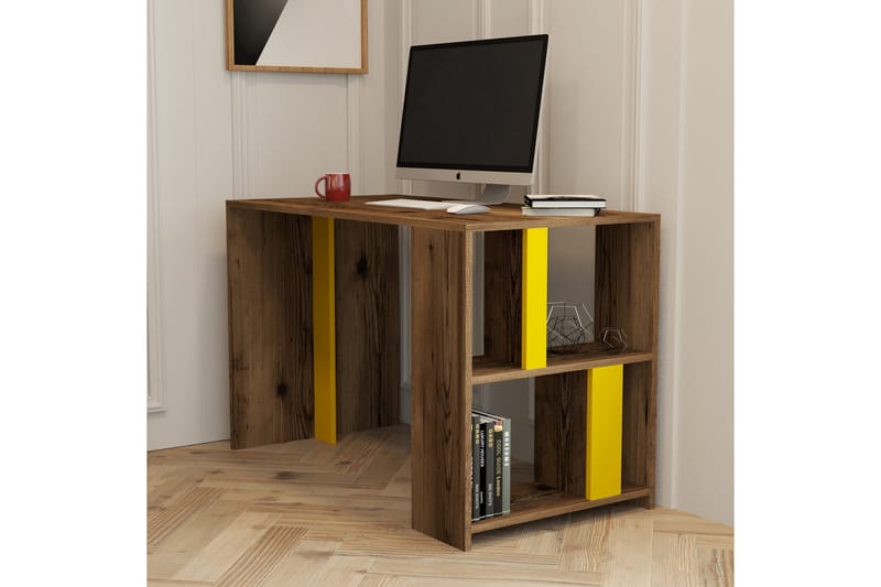 Timiza Skrivebord 120 cm med Oppbevaringshylle - Valnøttsbrun/Gul - Skrivebord