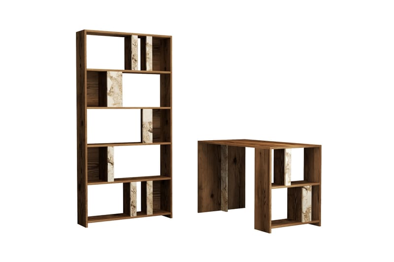 Timiza Skrivebord 120cm Oppbevaring Hylle+Bokhylle Marmormøn - Brun - Møbler - Bord - Kontorbord - Skrivebord