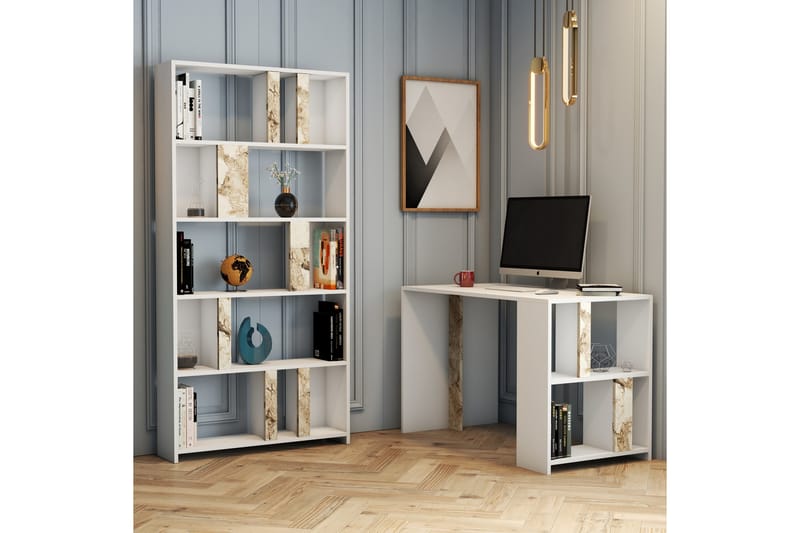 Timiza Skrivebord 120cm Oppbevaring Hylle+Bokhylle Marmormøn - Hvit - Møbler - Bord - Kontorbord - Skrivebord
