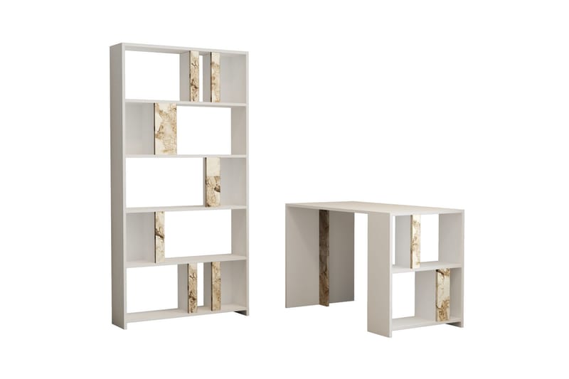 Timiza Skrivebord 120cm Oppbevaring Hylle+Bokhylle Marmormøn - Hvit - Møbler - Bord - Kontorbord - Skrivebord