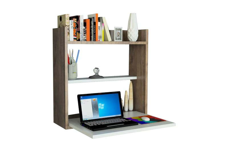 Toppley Veggskrivebord 60 cm med Oppbevaring Hyller - Hvit/Valnøttsbrun - Møbler - Bord - Kontorbord - Skrivebord