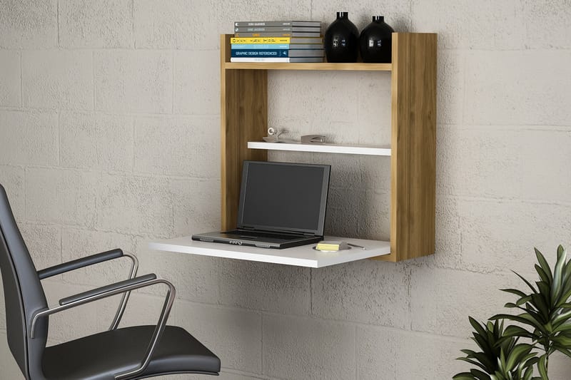 Toppley Veggskrivebord 60 cm med Oppbevaring Hyller - Hvit/Valnøttsbrun - Møbler - Bord - Kontorbord - Skrivebord