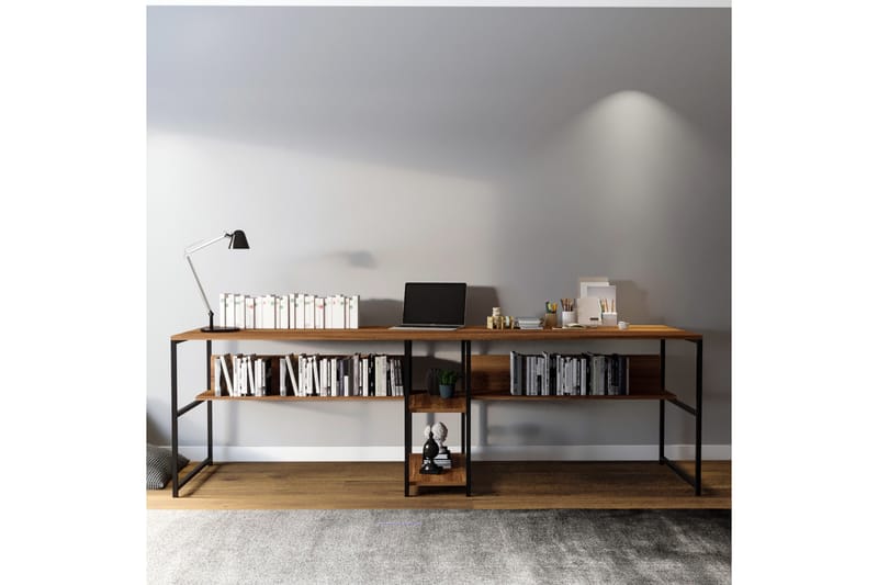 Viranbag Skrivebord 240 cm med Oppbevaring 2 Hyller - Mørkebrun/Svart - Møbler - Bord - Kontorbord - Skrivebord