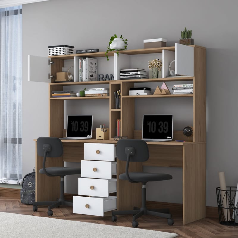 Skrivebord Wallxpert Eska (180 x 166,3 x 50 cm) Valnøtt hvit - Valnøtt og hvit - Møbler - Bord - Kontorbord - Skrivebord