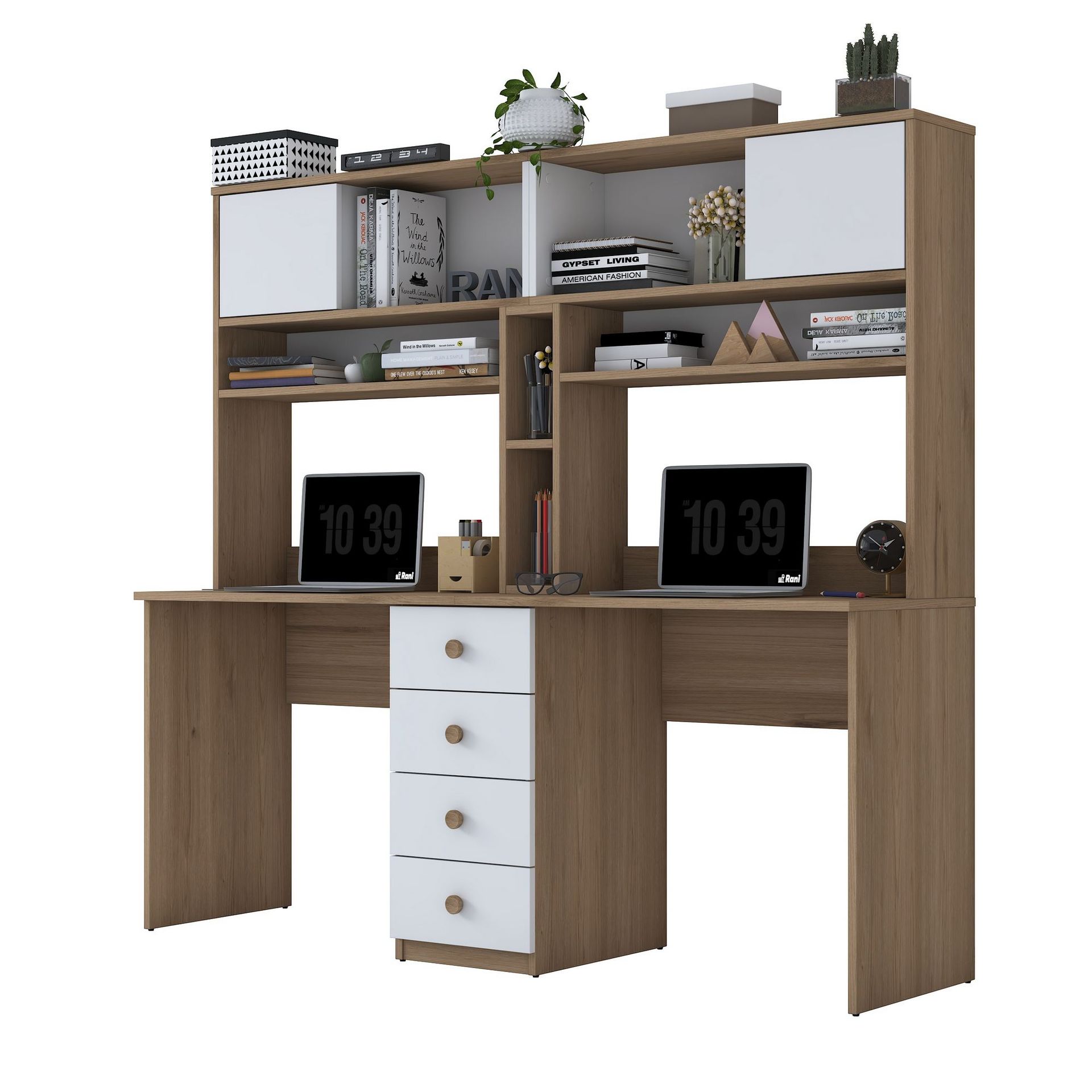 Skrivebord Wallxpert Eska (180 x 166,3 x 50 cm) Valnøtt hvit - Valnøtt og hvit