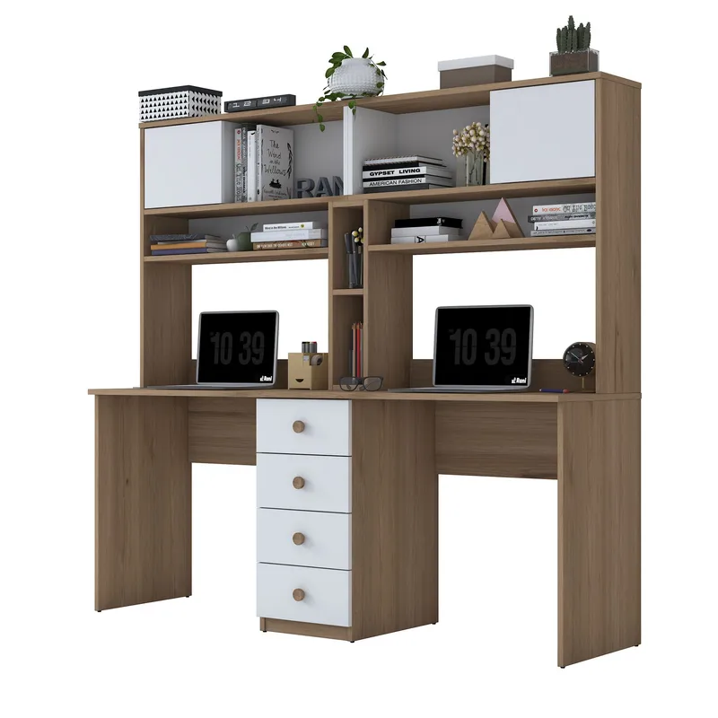 Skrivebord Wallxpert Eska (180 x 166,3 x 50 cm) Valnøtt hvit, Valnøtt og hvit