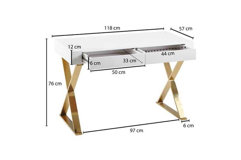 Willowdale Skrivebord 118 cm med Oppbevaring 2 Skuffer - Hvit/Gull - Skrivebord