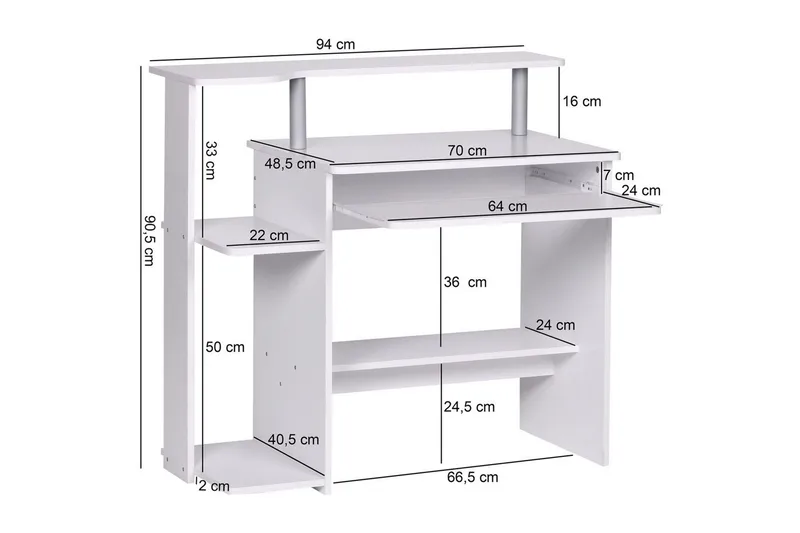 Skrivebord Wohnling for datamaskin med hjul, uttrekkbart tastatur, moderne stil Hvit - Hvit - Møbler - Bord - Kontorbord - Skrivebord