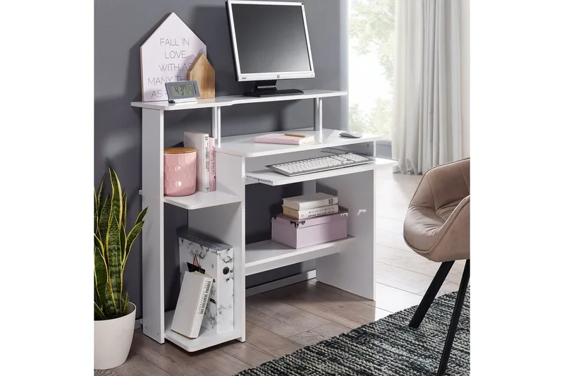 Skrivebord Wohnling for datamaskin med hjul, uttrekkbart tastatur, moderne stil Hvit - Hvit - Møbler - Bord - Kontorbord - Skrivebord