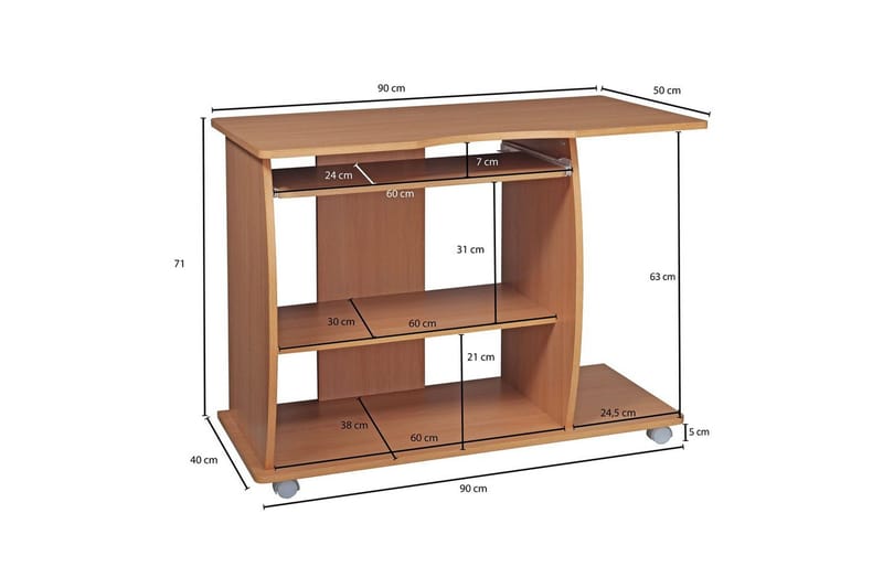 Skrivebord Wohnling for laptop eller datamaskin med hjul, uttrekkbart tastatur, moderne stil Bøk - Bøk - Møbler - Bord - Kontorbord - Skrivebord