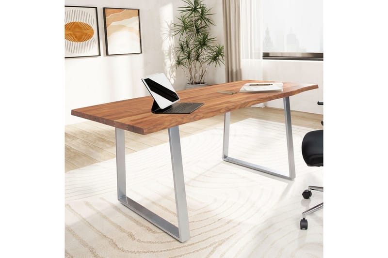 Skrivebord Wohnling Massivt treverk trekanter metallbein landlig stil Sølv, rett, 180x90 cm - Sølv, rett, 180x90 cm - Møbler - Bord - Kontorbord - Skrivebord