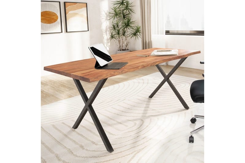 Skrivebord Wohnling Massivt treverk trekanter metallbein landlig stil Svart, krysset, 200x100 cm - Svart, krysset, 200x100 cm - Møbler - Bord - Kontorbord - Skrivebord