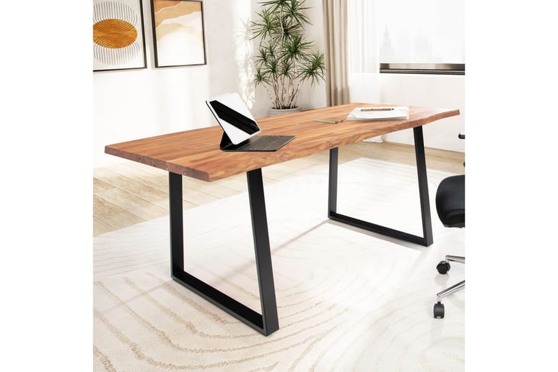 Skrivebord Wohnling Massivt treverk trekanter metallbein landlig stil Svart, Rett, 200x100 cm - Svart, Rett, 200x100 cm - Møbler - Bord - Kontorbord - Skrivebord