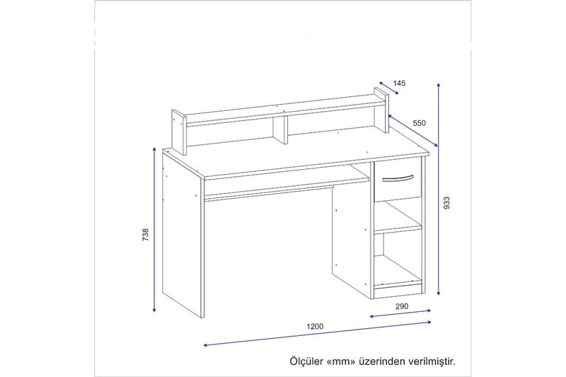 Yemisen Skrivebord 120 cm med Oppbevaringsskuff + Hyller - Antrasitt - Skrivebord