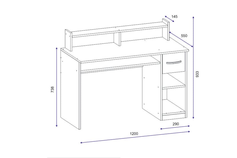 Yemisen Skrivebord 120 cm med Oppbevaringsskuff + Hyller - Hvit - Skrivebord