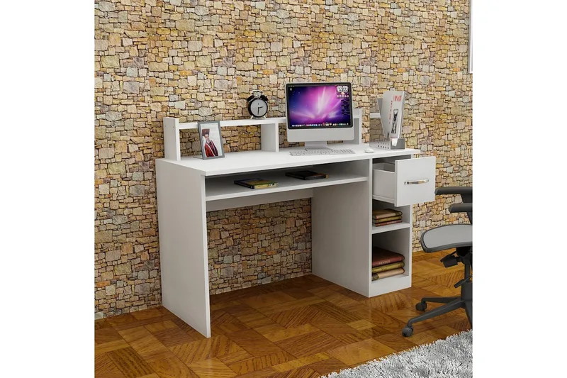 Yemisen Skrivebord 120 cm med Oppbevaringsskuff + Hyller - Hvit - Møbler - Bord - Kontorbord - Skrivebord