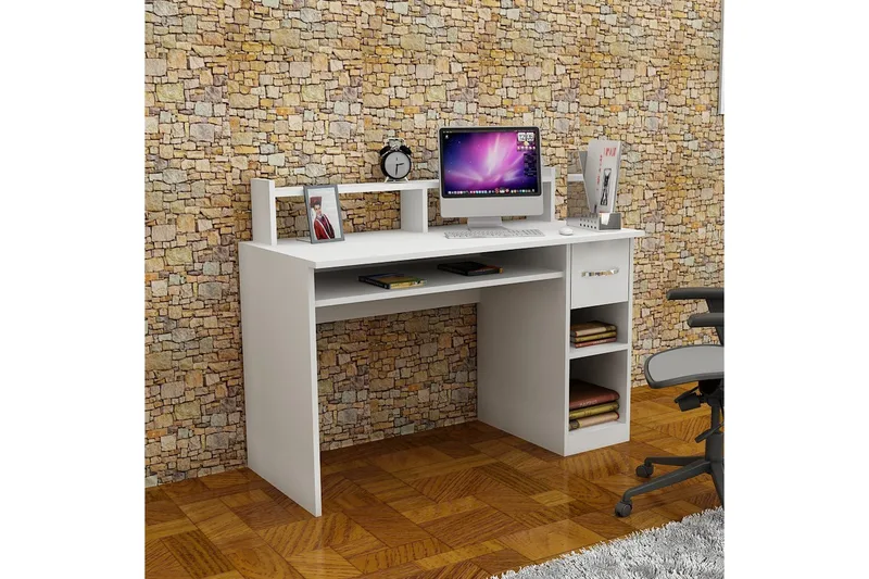 Yemisen Skrivebord 120 cm med Oppbevaringsskuff + Hyller - Hvit - Møbler - Bord - Kontorbord - Skrivebord