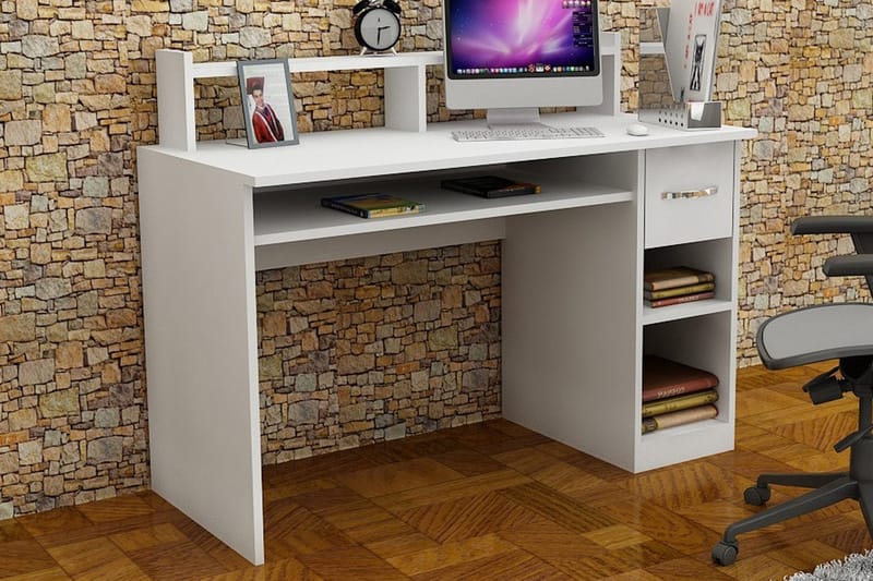 Yemisen Skrivebord 120 cm med Oppbevaringsskuff + Hyller, Hvit
